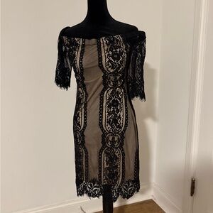 Lush Black Tan Off-Shoulder Sheath Mini Dress